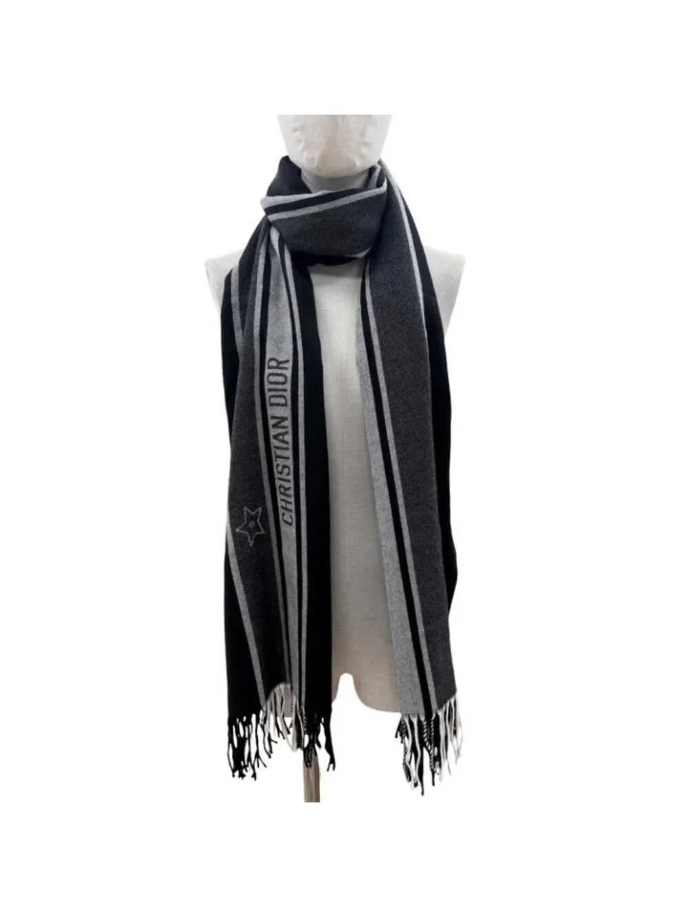 Dior Wool Logo Scarf with Fringe Black Gray 200 Width 70